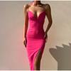 Платье-комбинация с низким вырезом, женское летнее облегающее длинное платье с разрезом по бокам, женское розово-красное платье с открытой спиной, вечерние клубные женские платья, Vestidos