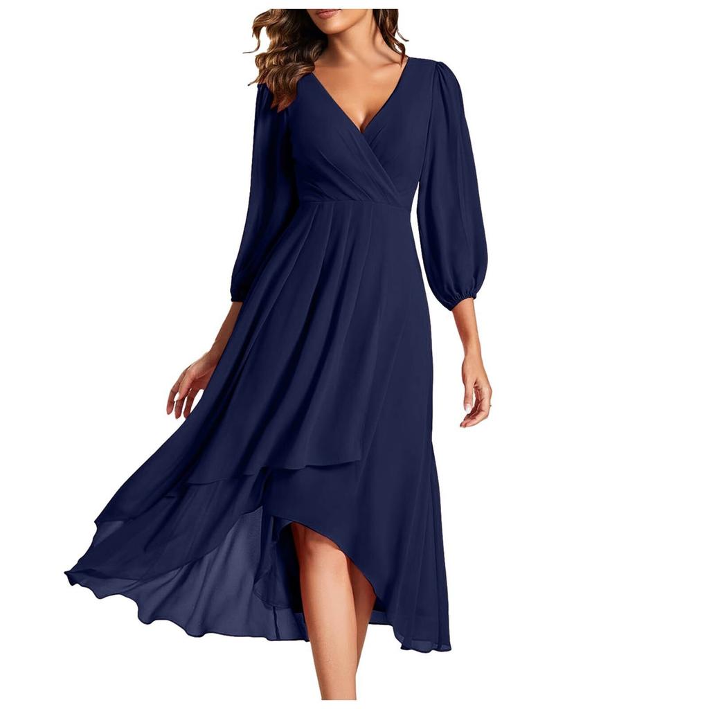 Women's Fashion V-Neck Long Sleeve Loose Slim Evening Casual Chiffon Dresses