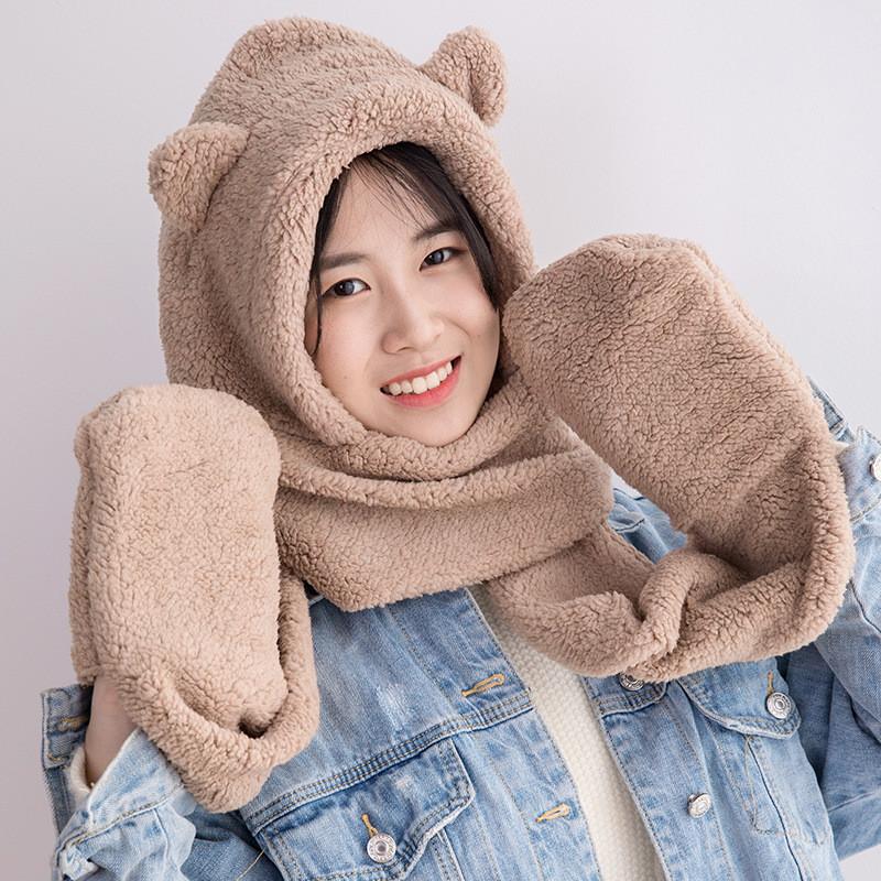 Cute Bear Ear Hat Scarf Gloves Set Winter Women Novelty Caps Warm Casual Plush Hats Casual Solid Fleece Girl Kawaii Accessories