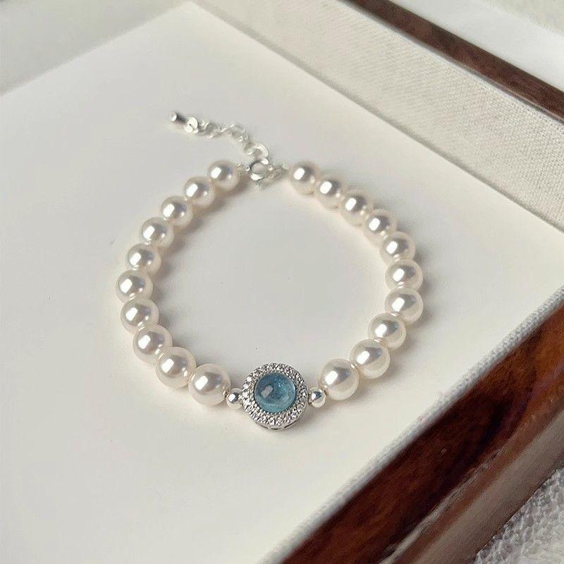 Блестящий элегантный жемчуг синий камень браслет для женщин свадебная вечеринка ювелирные изделия подарок
