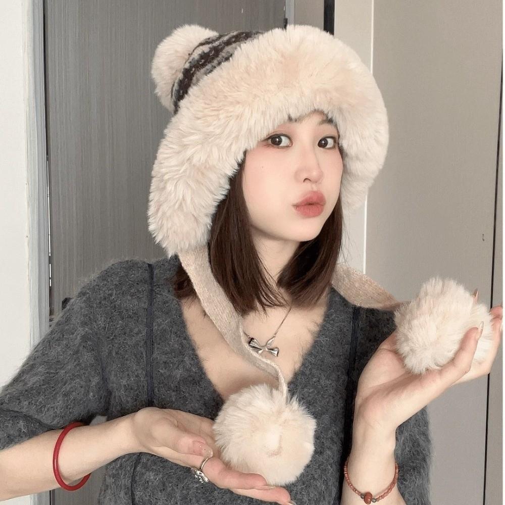 Thick Knitted Plush Hat Windproof Pullover Beanie Hat Fashion Ear Protection Hat Girls