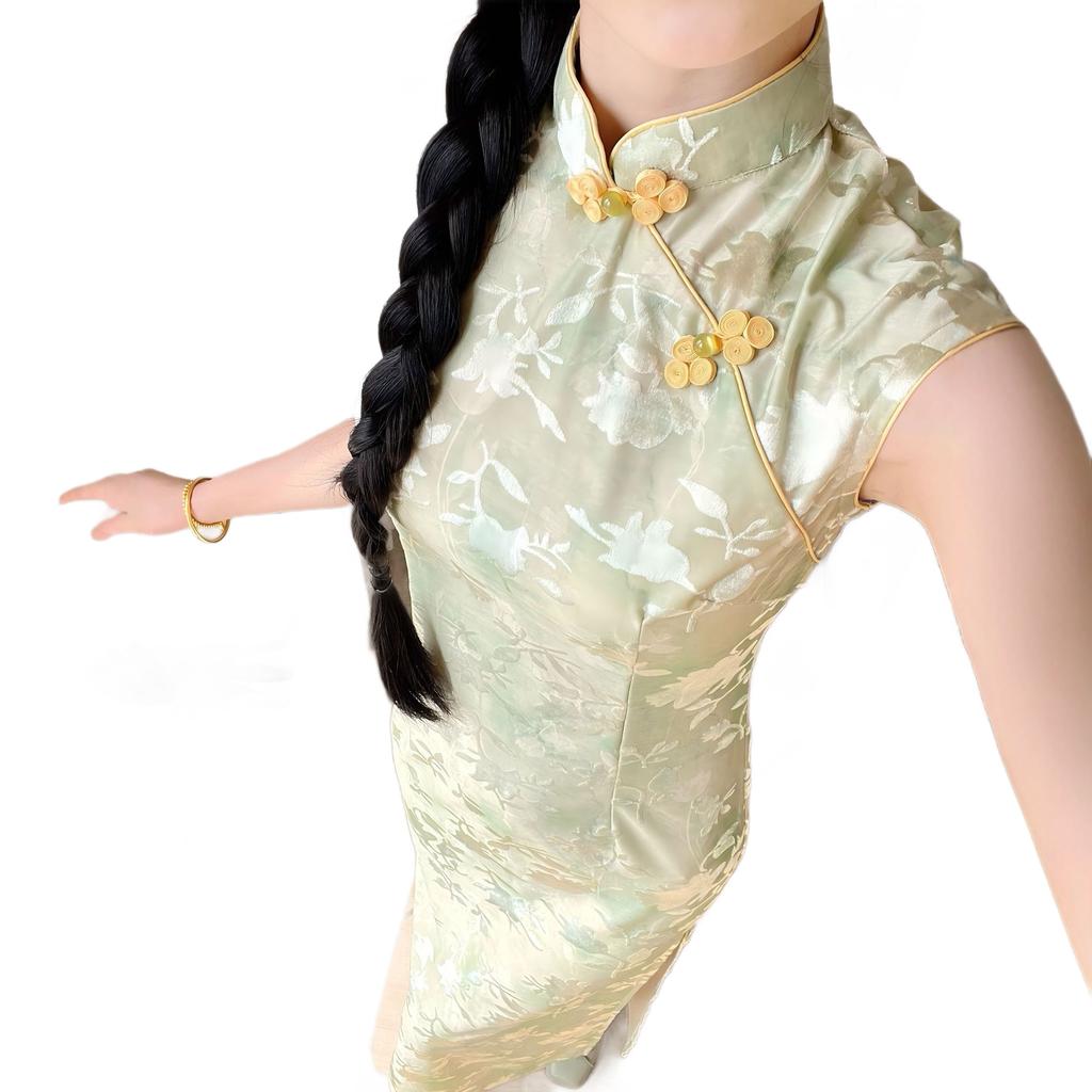 New Chinese-style improved sleeveless cheongsam women's early autumn long slim and thin national style dress green printing daily