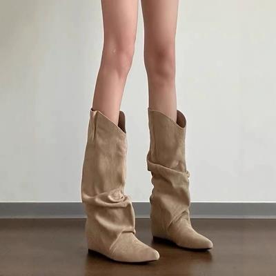 Супермягкая овчина~ коричневые ковбойские сапоги в западном стиле, универсальные сапоги-дутики с ветром пустоши, женские сапоги с внутренней платформой и эффектом похудения, ретро-сапоги