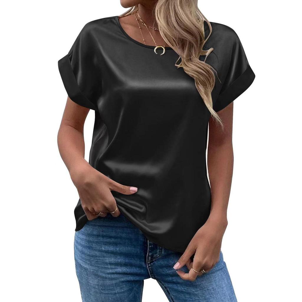 Spring and Summer New Women's Short Sleeve Satin Shirt Loose Casual Round Neck Colored Ding T-shirt Women