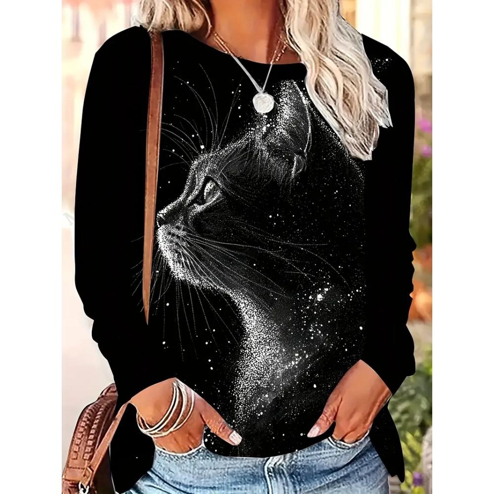 Two Cute Cat Patterns Graphic 3d Print T-Shirt Women's Long Sleeve T-shirt Women Clothing Top Fashion Casual Oversized Tops Tees