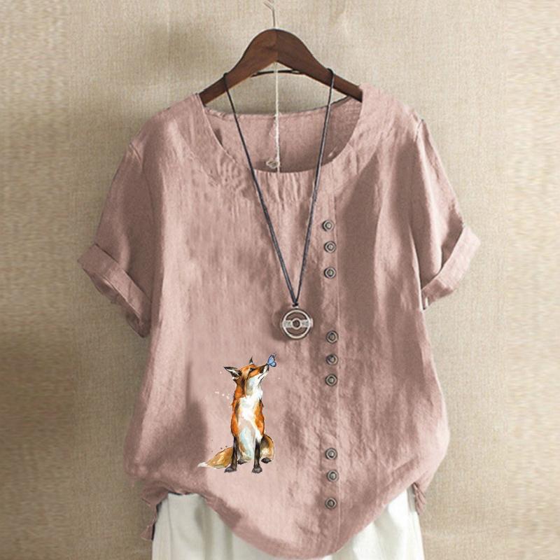 Women's Fashion Round Neck Short Sleeve T-shirt Casual Cotton Linen Graphic Shirt Leisure Loose Fox Prined Summer Blouse Tops