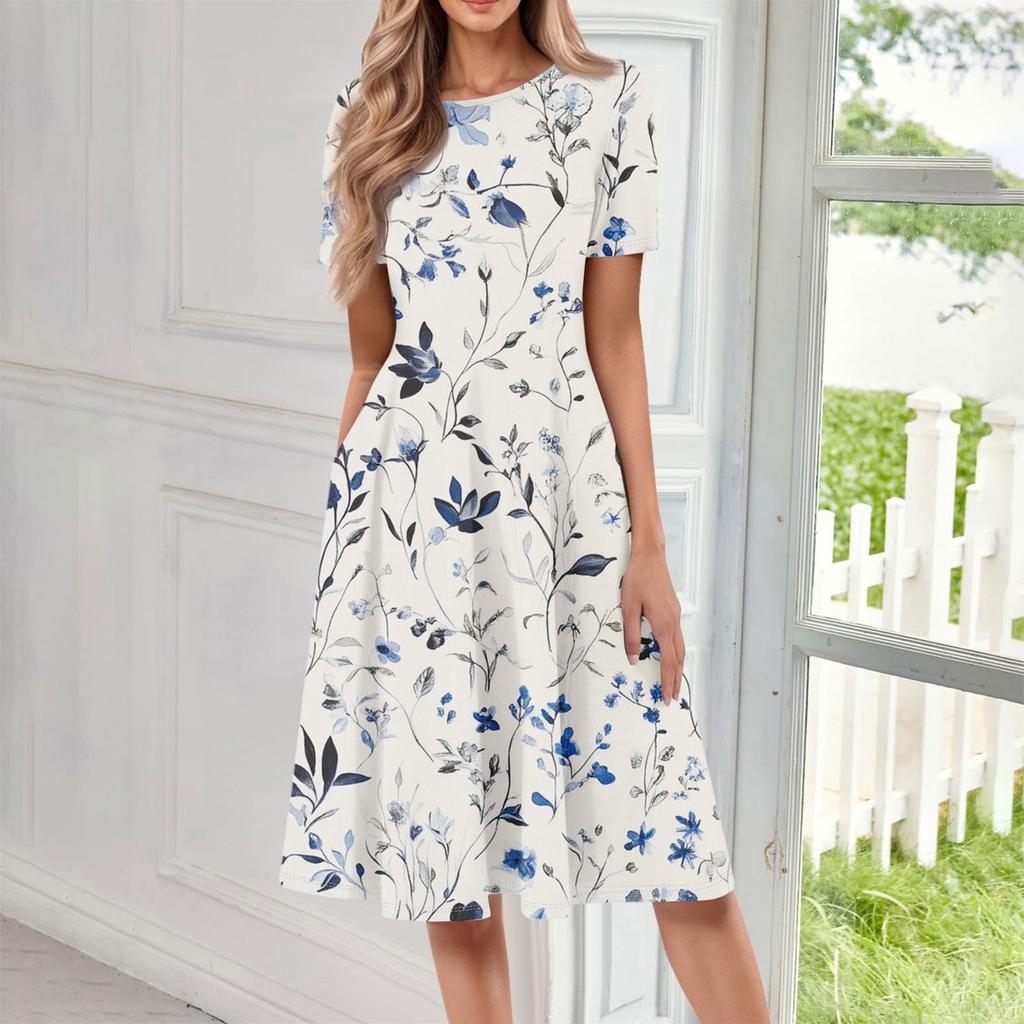 Женское повседневное модное платье миди с круглым вырезом и коротким рукавом с цветочным принтом