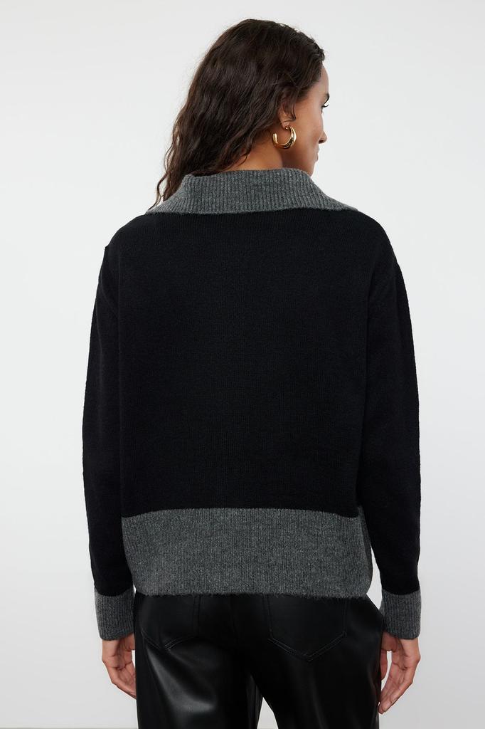 Women's Elegance Style Cardigan Anthracite Soft Textured Color Block Knitwear Cardigan