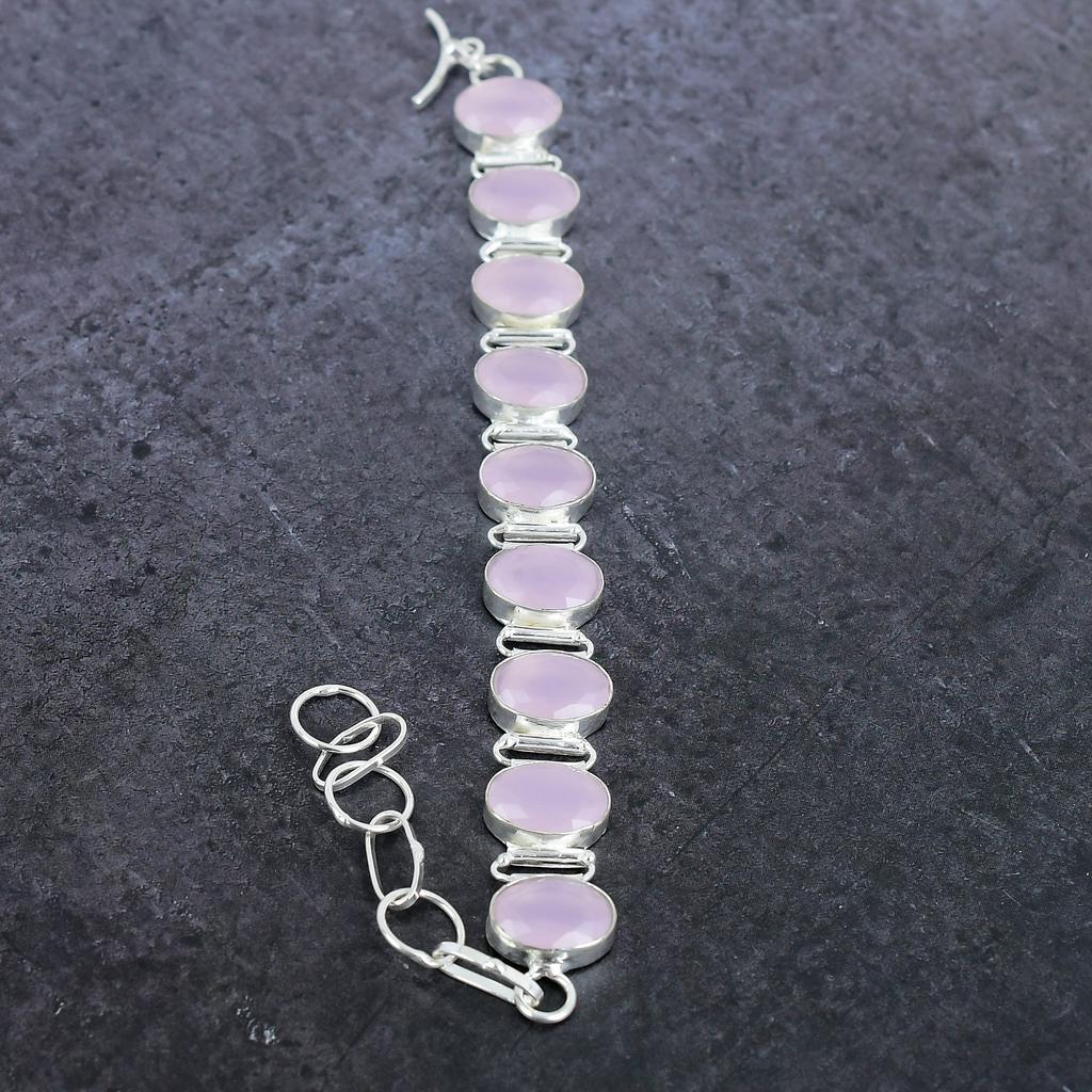 Браслет ручной работы из серебра 925 пробы с розовым халцедоном, длина 7-8 дюймов, a0P32