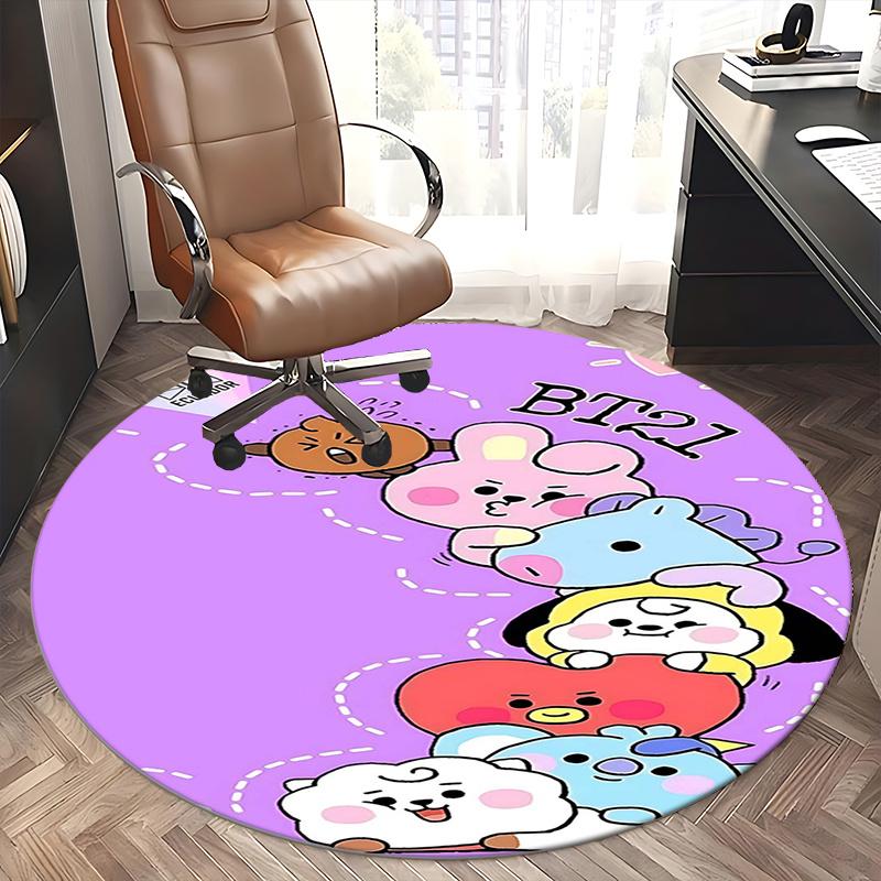 BT21 K-Pop Коврик для стула Круглый ковер-Ковер для офиса, Машинная стирка, Нескользящий, Подходит для гостиных, спален