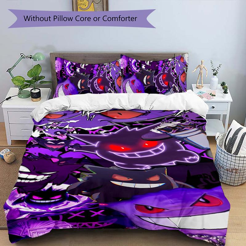 3pcs Pokémon Gengar pattern bedding set duvet cover set includes duvet cover &pillowcases, perfect all season bedroom decoration & gift