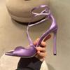 Fashion Luxury Satin Designer Women Pumps Sexy Cross Strap Square Toe Heeled Sandals Elegant Purple Thin High Heels Party Dress Shoes