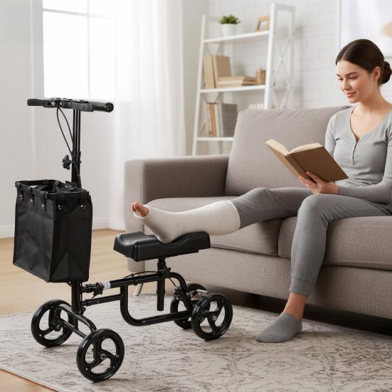 Steerable Leg Scooter Knee with Rear Wheel Brake Locking Handbrake, Crutches Alternative Adults Walker All-Terrains Canvas Bag, Adjustable for Broken