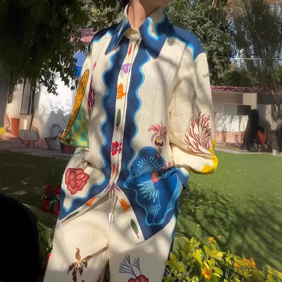 1116 new European and American fashion personalized printing cotton and linen loose leisure vacation two-piece suit