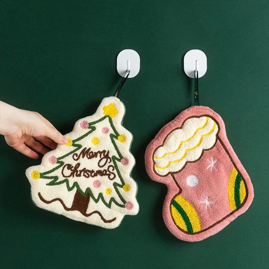 Christmas House Hand Towel Soft Absorbent Coral Fleece Towel Santa Claus Bells Design Quick-Drying Holiday Towel