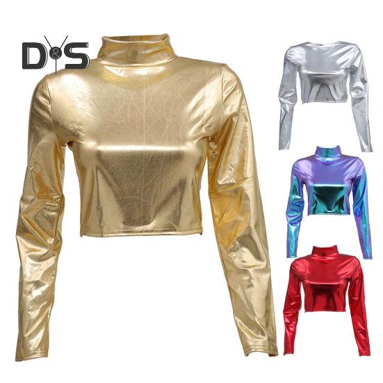 Women Club Top Glossy Faux Leather Half-high Collar Solid Color Waist-exposed Long Sleeve Skinny Pullover Elastic Nightclub Stage Show Party T-shirt