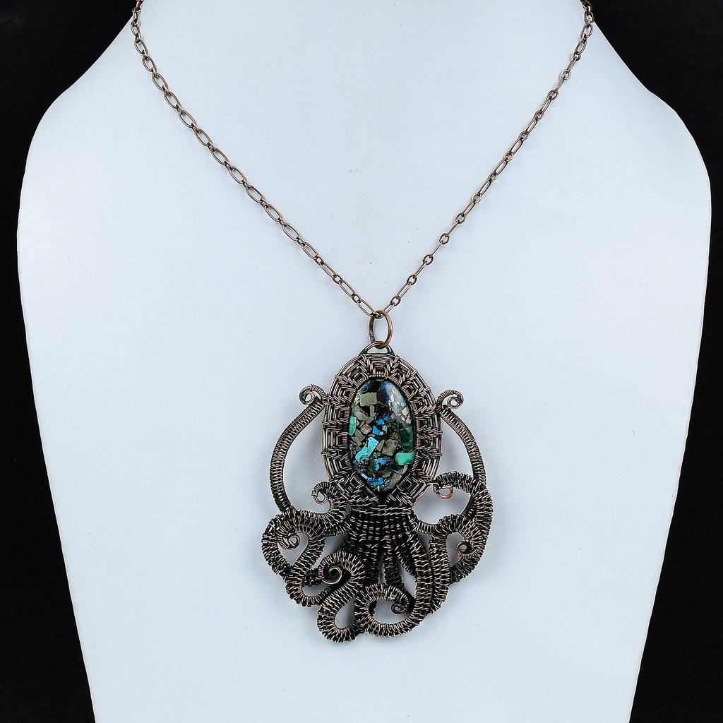 Подвеска из меди, азурита и малахита, подвеска из медной проволоки с драгоценным камнем, дизайнерское ювелирное изделие из меди, подвеска в виде осьминога, ювелирное изделие ручной работы, подарок для мамы