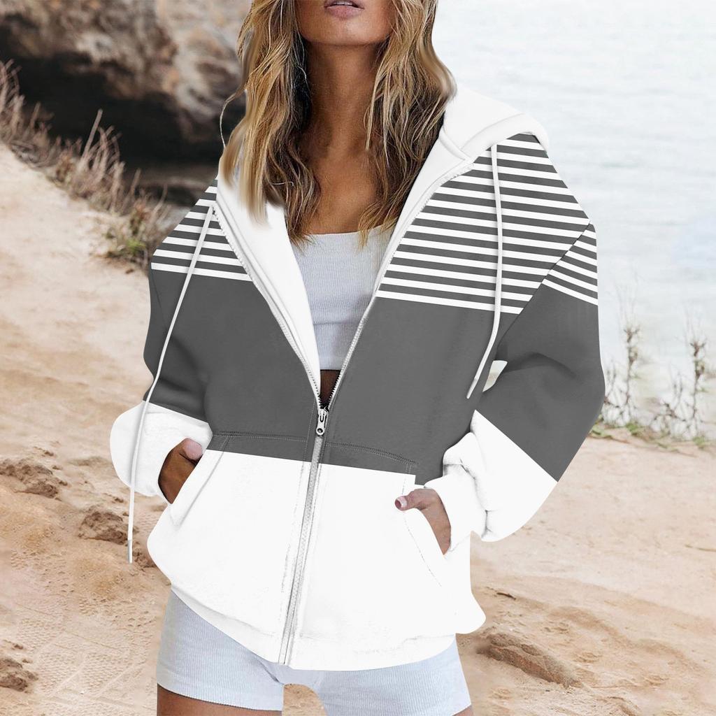 Женская толстовка с длинными рукавами и полосатым принтом, куртка с длинными рукавами и карманами, на молнии, пальто с капюшоном