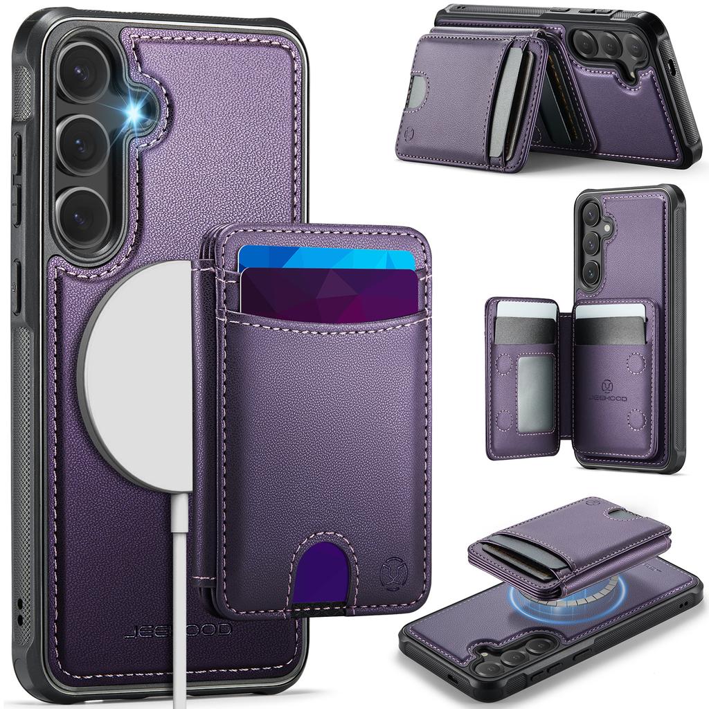 For Samsung Galaxy S25 Magnetic Case JEEHOOD J10 Leather Back Phone Cover with Detachable Card Holder Kickstand