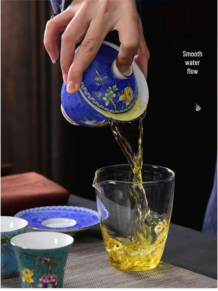 Court Style Cloisonné Enamel Sancai Gaiwan Ceramic Kung Fu Tea Set with Handmade Filigree Pahua Brewing Bowl