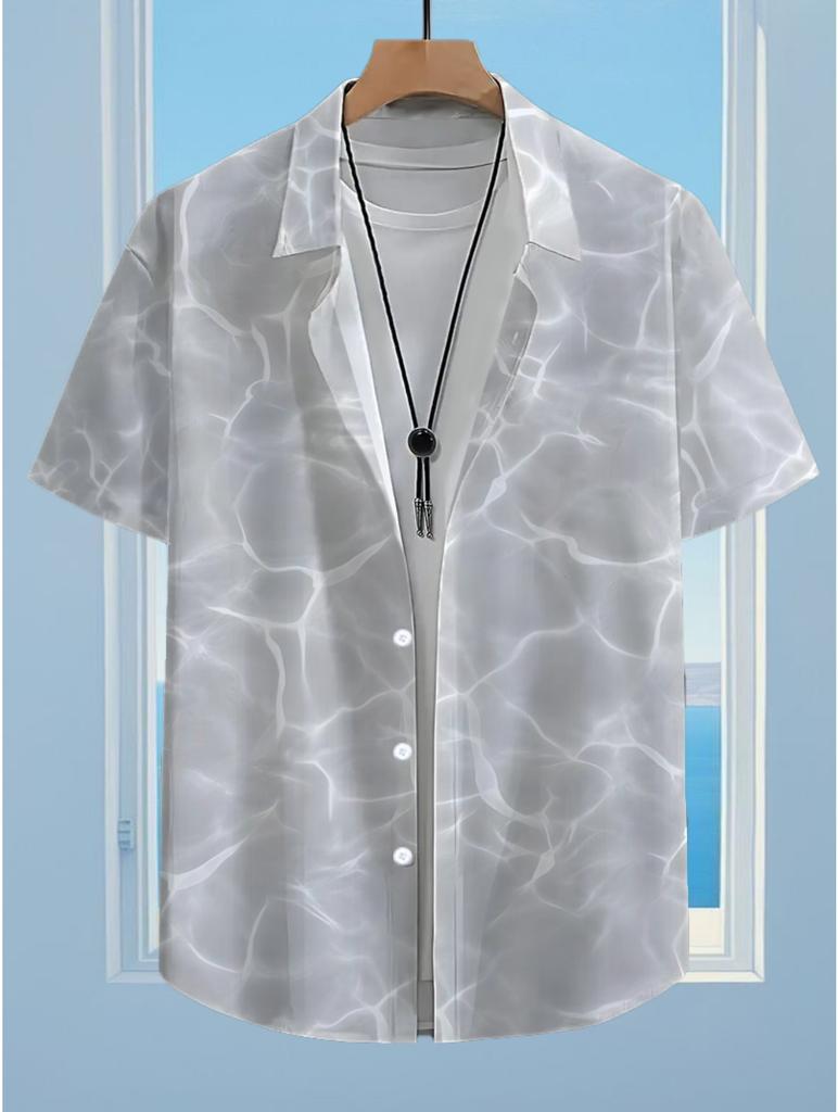 Men's Hawaiian Gray Water Wave Short Sleeve Button- Shirt - Loose Fit Collar, Full-Body Hawaiian Print, Button Front Closure, Machine Washable Summer