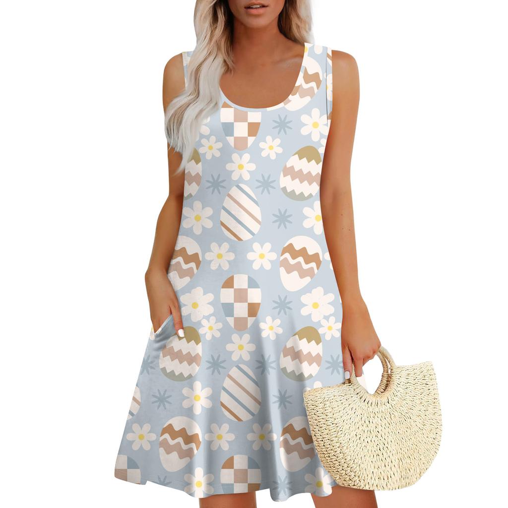 Womens Summer Dresses Easter Print  Loose U Neck Sleeveless Sundresses Dress With Pockets
