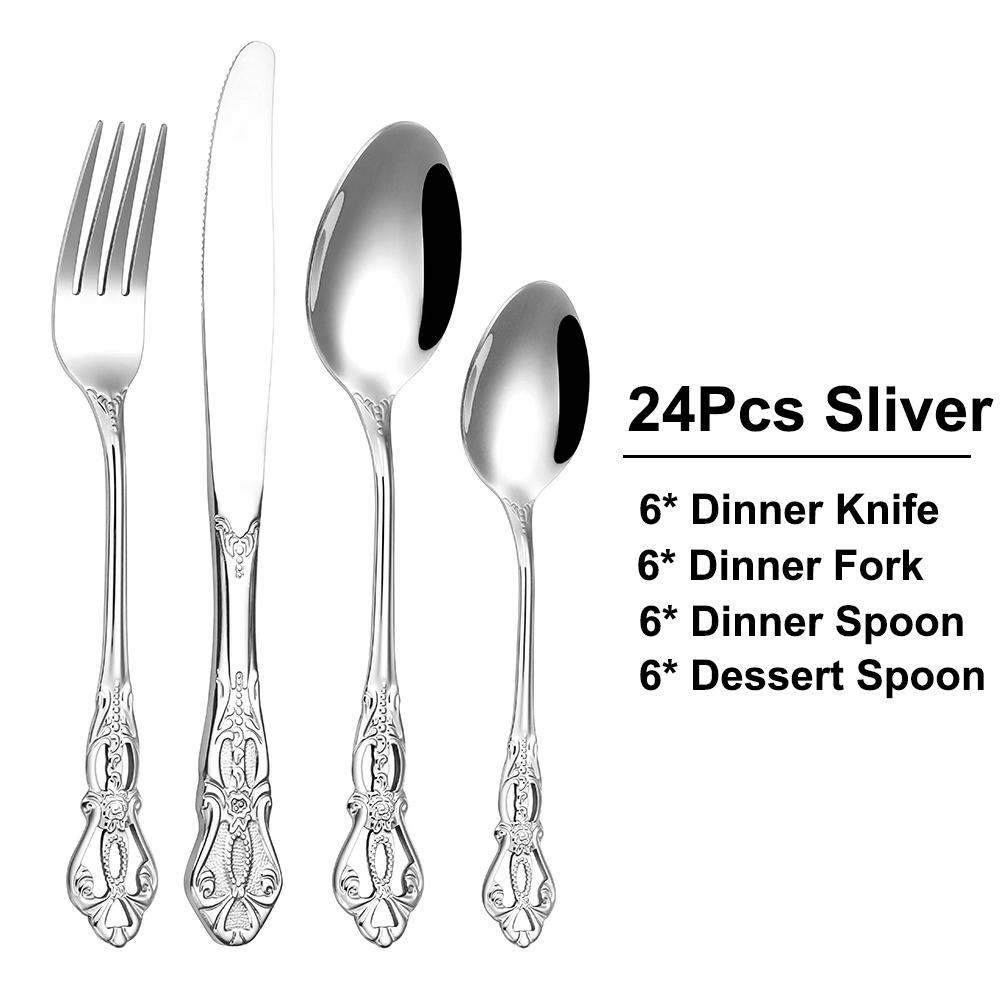6/24/30 Pieces Sliver Cutlery Set Stainless Steel Tableware Western Luxury Dinner Set Mirror Elegant Fork Spoon Flatware4