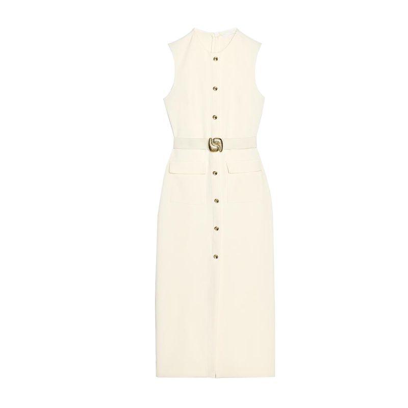 Spring New Women's Clothing Breasted Decoration with Belt Crepe Sleeveless Round Neck Midi Skirt Dress 3897054