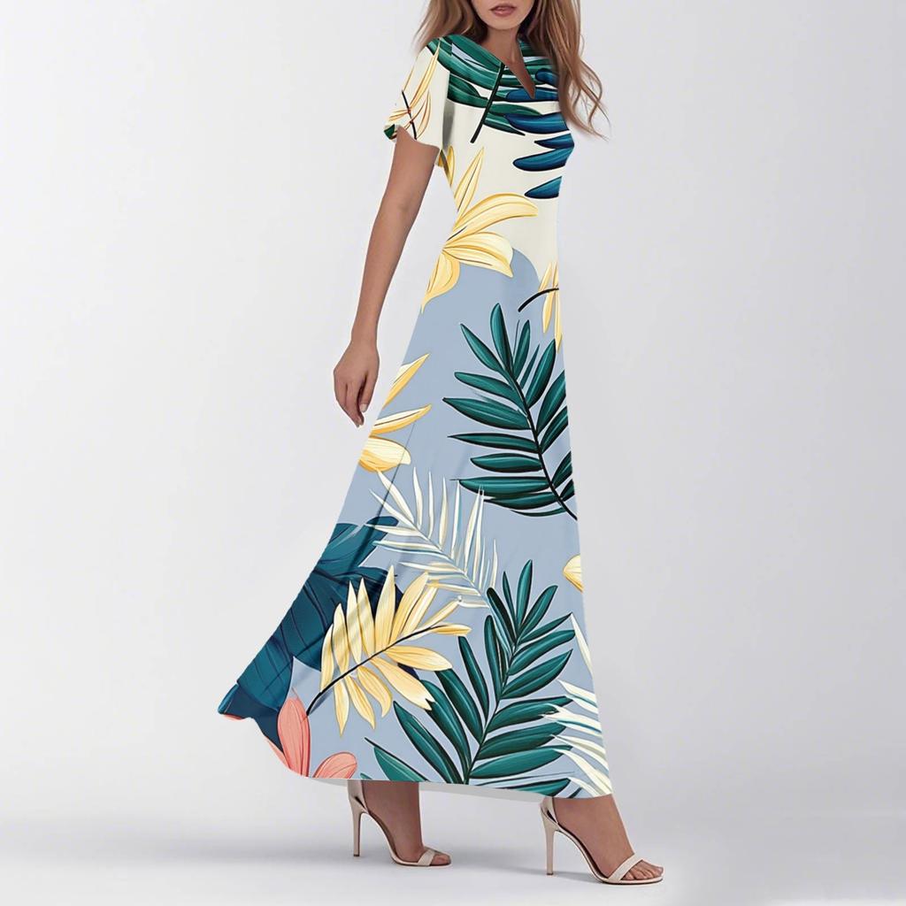 Women's Summer Casual Fashion Retro Floral Dress V Neck Short Sleeve Dress