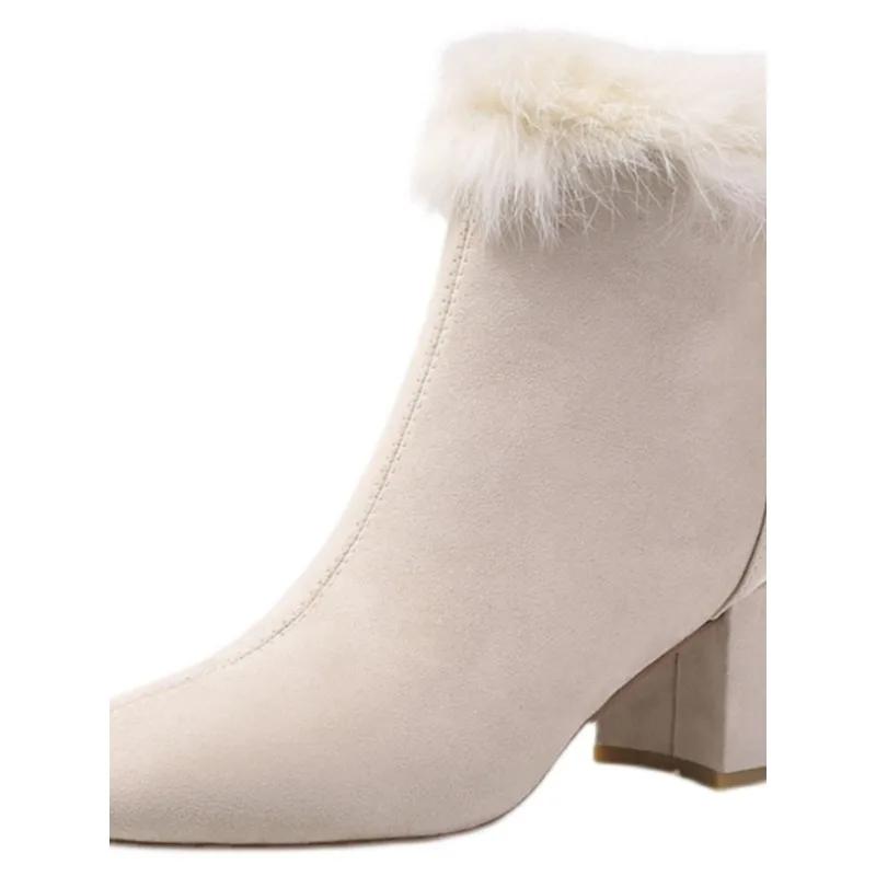 Модная обувь, женские сапоги, сапоги на молнии, женские, плюшевые, зимние, резиновые, на высоком каблуке, средние, 2024ur, щиколотка, римские, однотонные, флок, базовые, из искусственной кожи, Squ