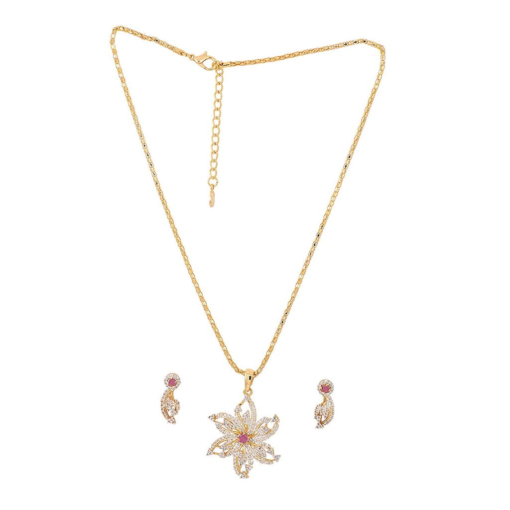 Estele Flower Pendant with 24K Gold Plated, Austrian Crystals and Rubies