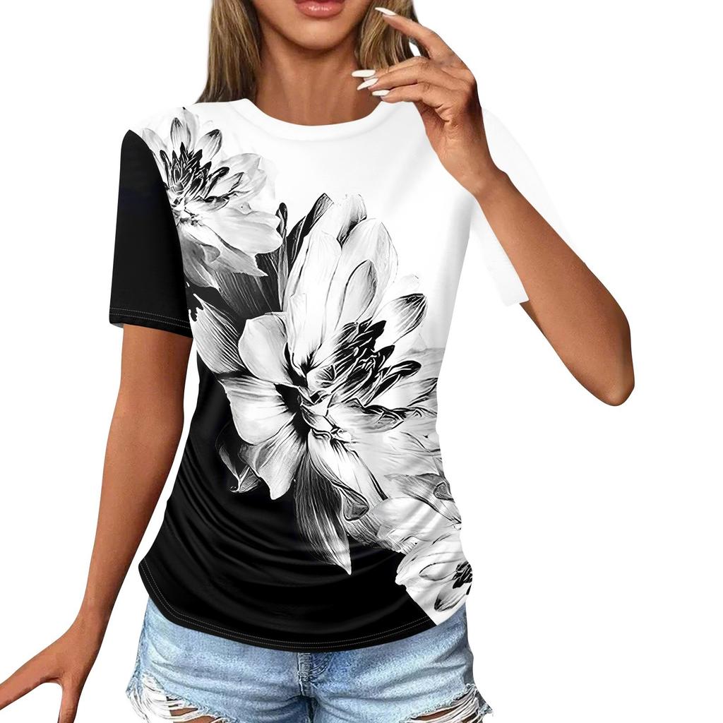 Women's T Shirts Fashion Casual Tops Round Neck Short Sleeve Printed Tunic