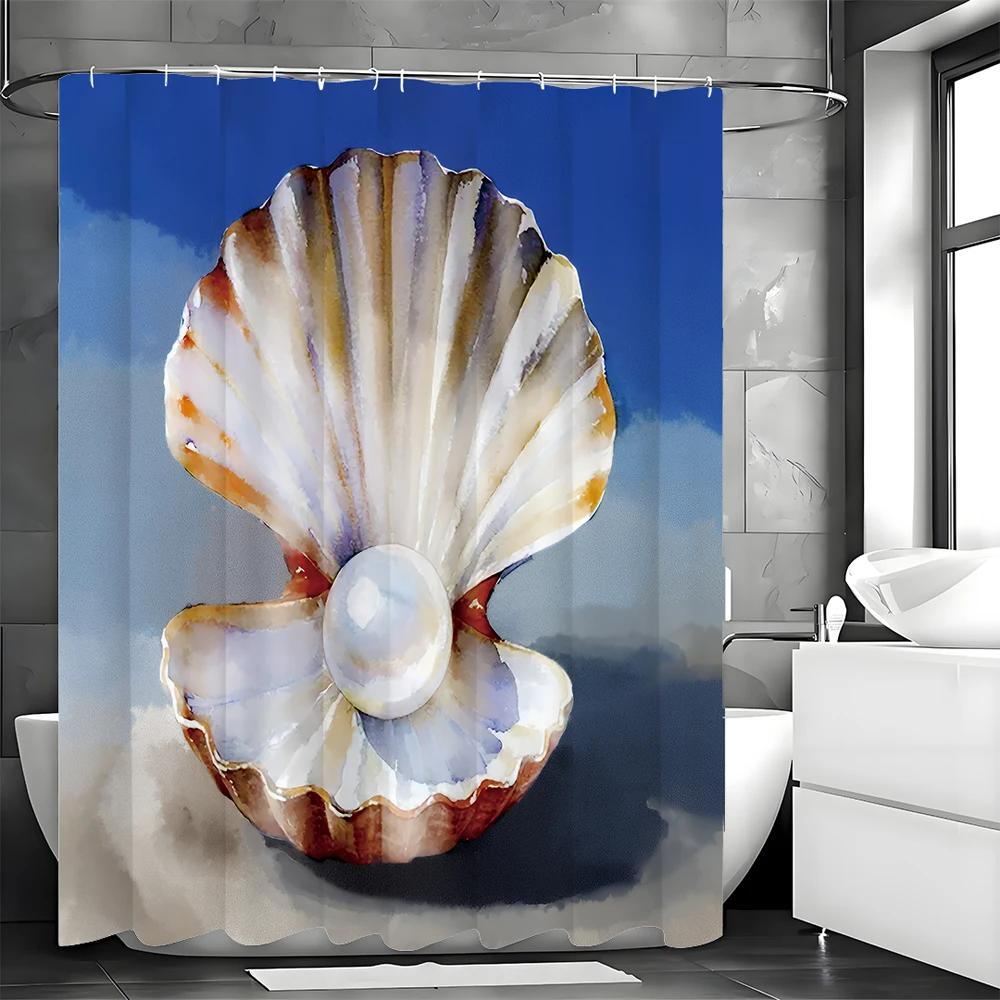Акварельная шторка для душа с океанской ракушкой и жемчугом, Декоративная шторка для душа для ванной комнаты, Водонепроницаемая шторка для душа с крючками