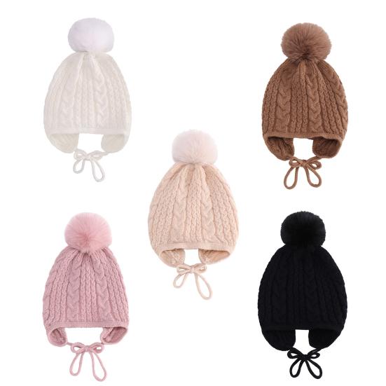 Children Hat Plush Ball Decor Twist Texture Lace-up Knitting Hat Solid Color Design Breathable Warm Winter Hat