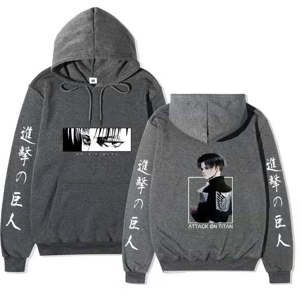 Unisex Attack on Titan Levi Ackerman Double Sided Hoodie, Front Back Anime Graphic Print Long Sleeve Pullover Hooded Sweatshirt Streetwear