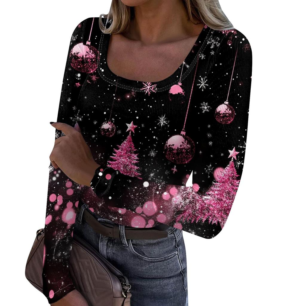 Женская мода Slim Bottom Casual с длинным рукавом и рождественским принтом пуловер с U-образным вырезом