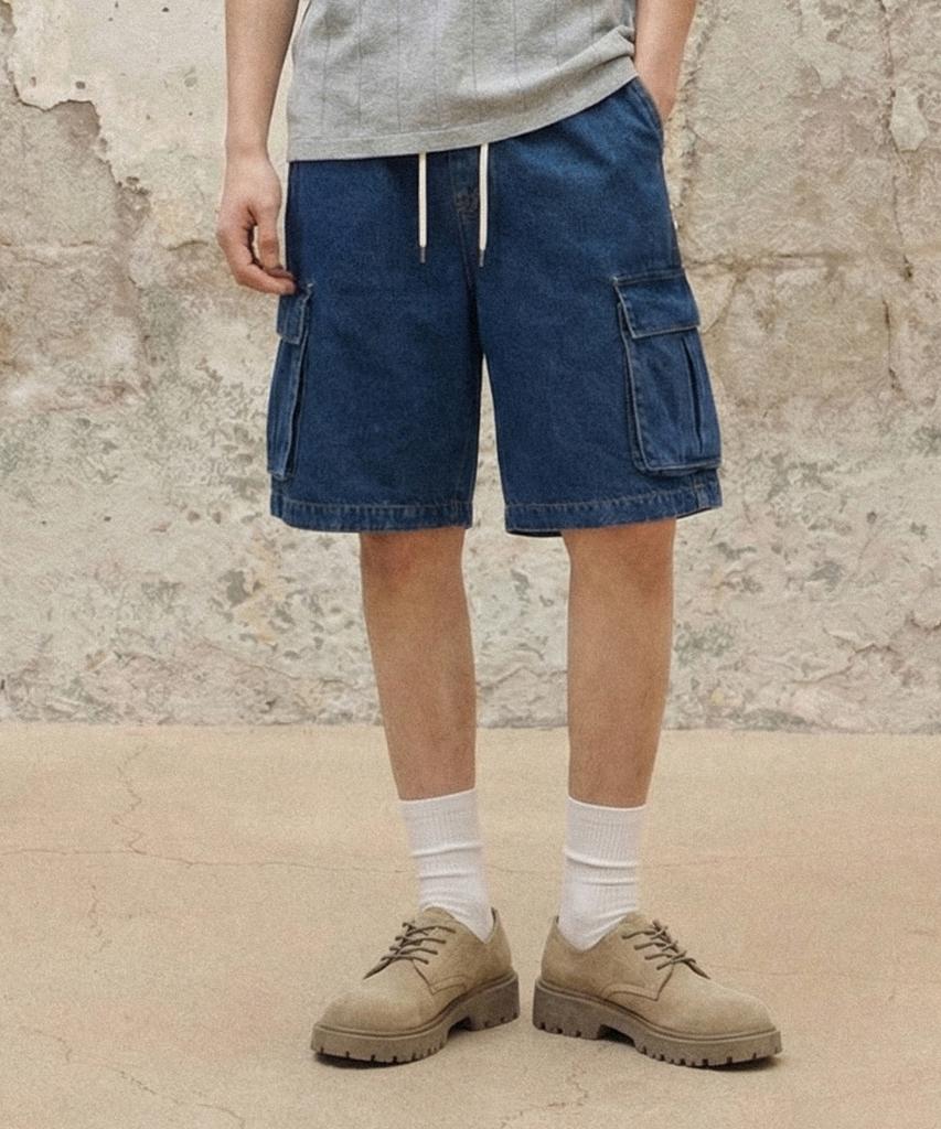 AGOD Bermuda Wide Single-Pleat Cargo Denim Shorts [Indigo]