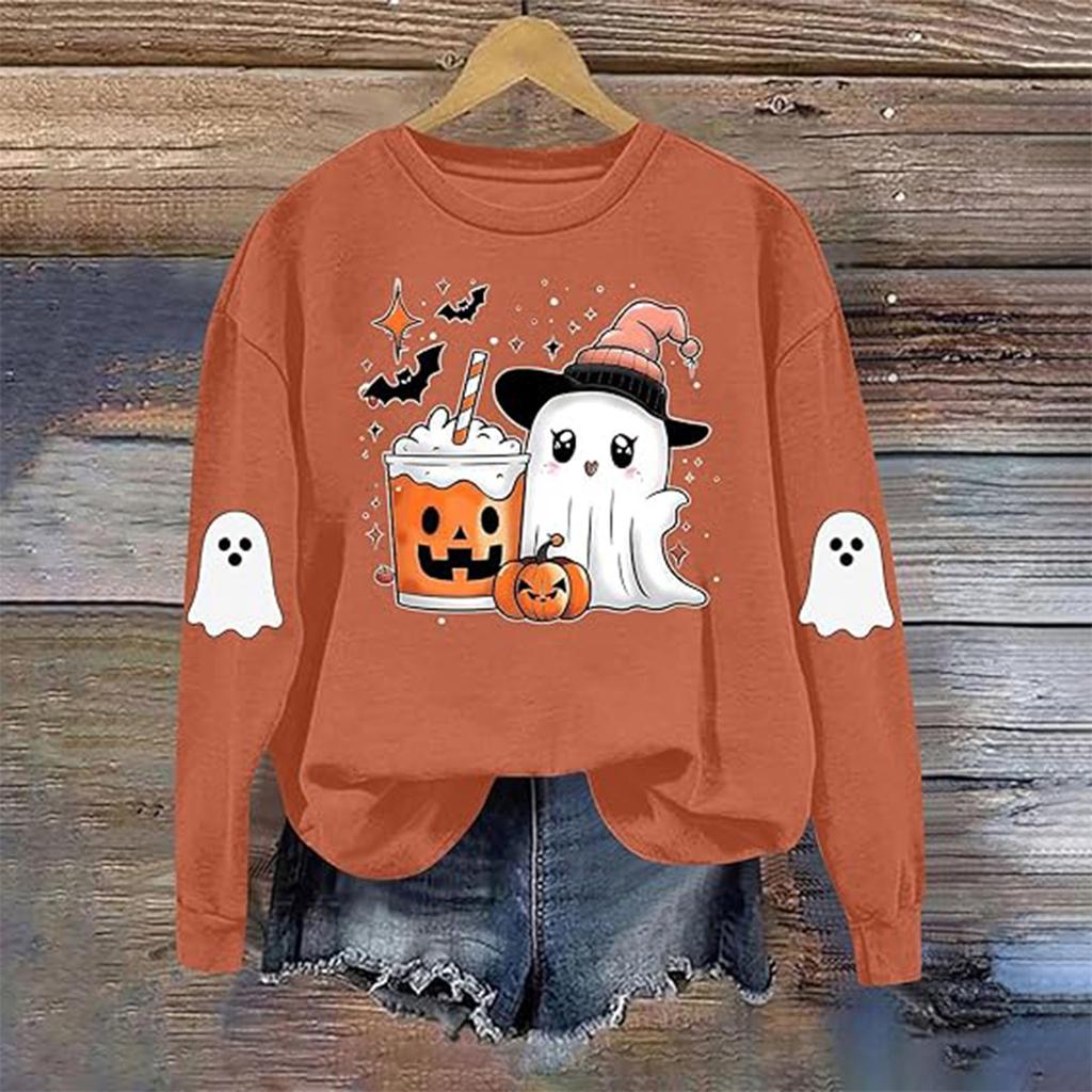 Женская модная повседневная толстовка с длинным рукавом и принтом на Хэллоуин, с круглым вырезом