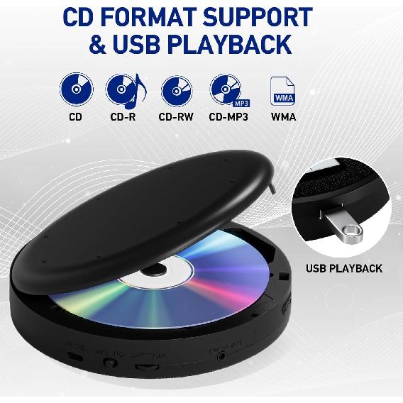 Перезаряжаемый портативный CD-плеер с двумя динамиками и функцией Anti Skip, CD, Dual Bluetooth, FM-передача, USB, AUX, ЖК-дисплей, кнопка с подсветкой, повтор