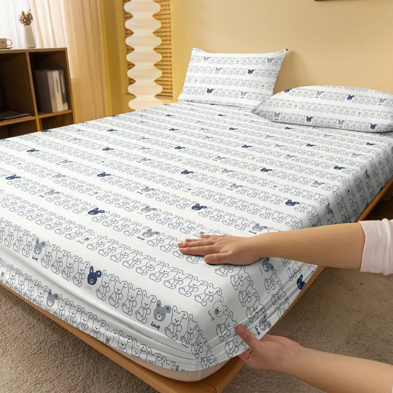 1 Cartoon Fun Animal Bear Dog Printed Matte Fitted Sheet, Bedroom Printed Bed Cover, Bedding (Excluding Pillowcases)