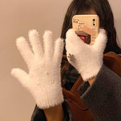Перчатки шерстяные вязаные белые со снежинками для женщин зимой, теплые и утолщенные, пушистые, для велоспорта, для студентов, для защиты от холода и ветра, с раздвоенными пальцами