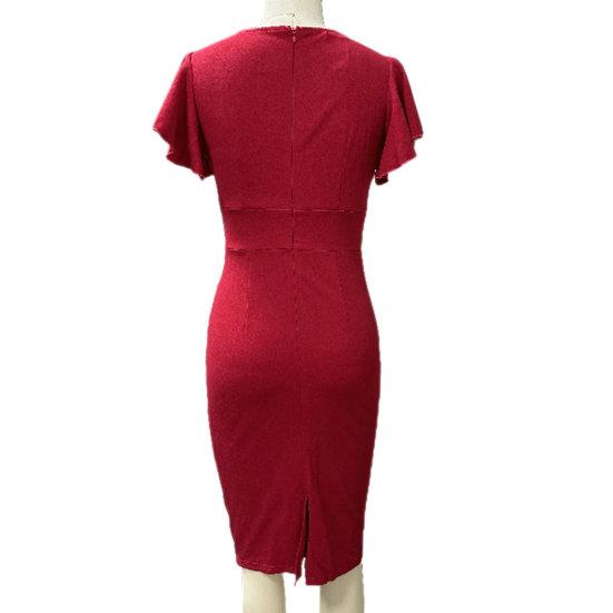 Женское летнее платье с V-образным вырезом и короткими рукавами с рюшами, однотонное, мягкое, плотное, с высокой талией, эластичное, OL, для поездок на работу, до колена, для вечеринки, клуба, формальное платье миди