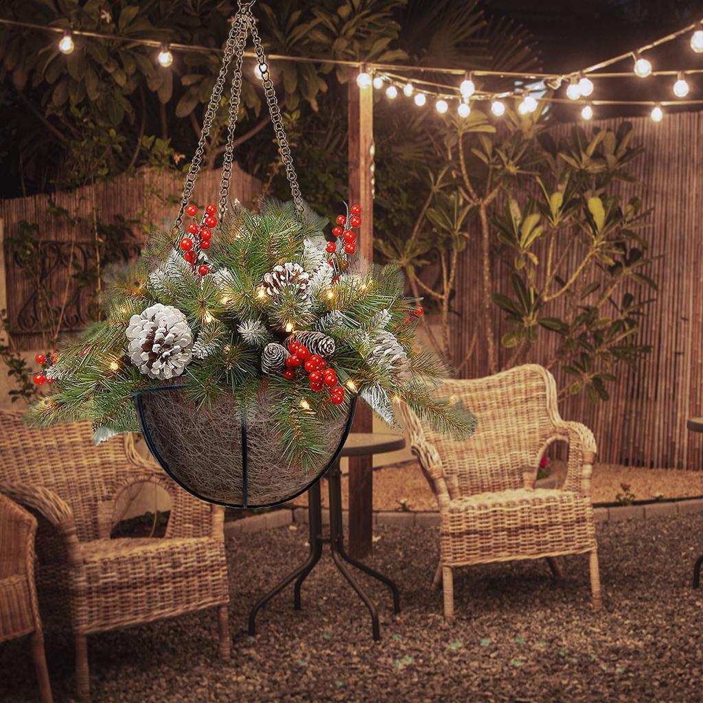 Christmas Wreath Mixed Decorations And White Led Lights Frosted Berries