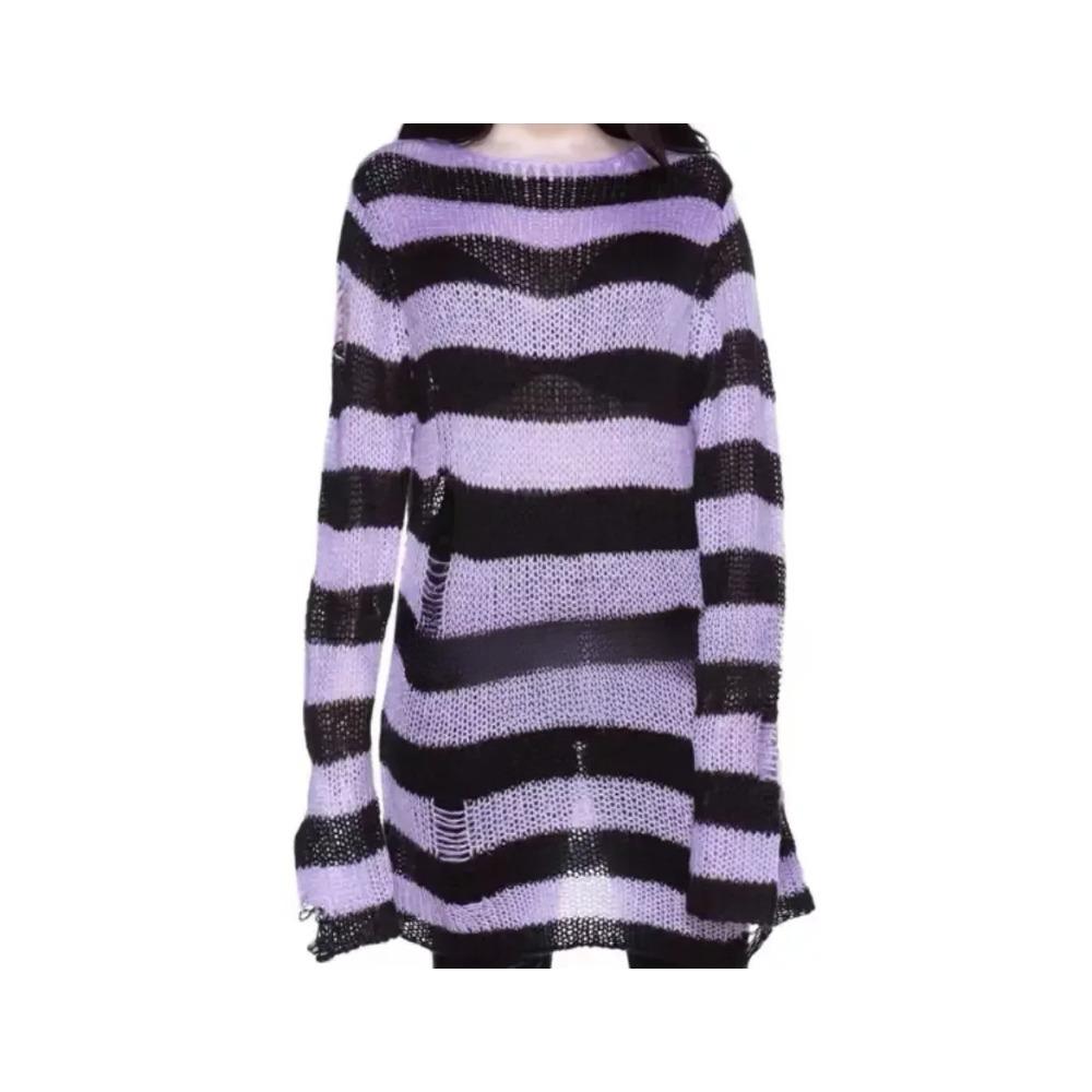 New Goth Punk Gothic Sweater Oversized Pullovers Women Striped Cool Hollow Out Hole Broken Jumper Harajuku Aesthetics Sweater