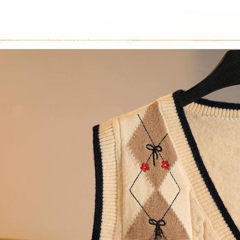 Женский вязаный жилет, кардиган с V-образным вырезом и ромбовидным узором, вышитый жилет, свободный жилет для женщин на весну и осень