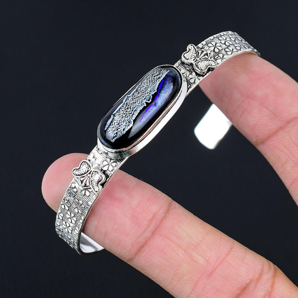 Memorial Day Sale 925 Sterling Silver Oval American Dichoric Glass Stone Bangle