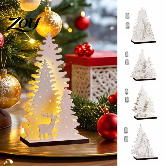Wooden Christmas Decorations Vintage Tree, LED Lighted Tabletop Centerpiece Decorations, Gifts for Winter Reindeer Xmas Desktop Indoor Decor