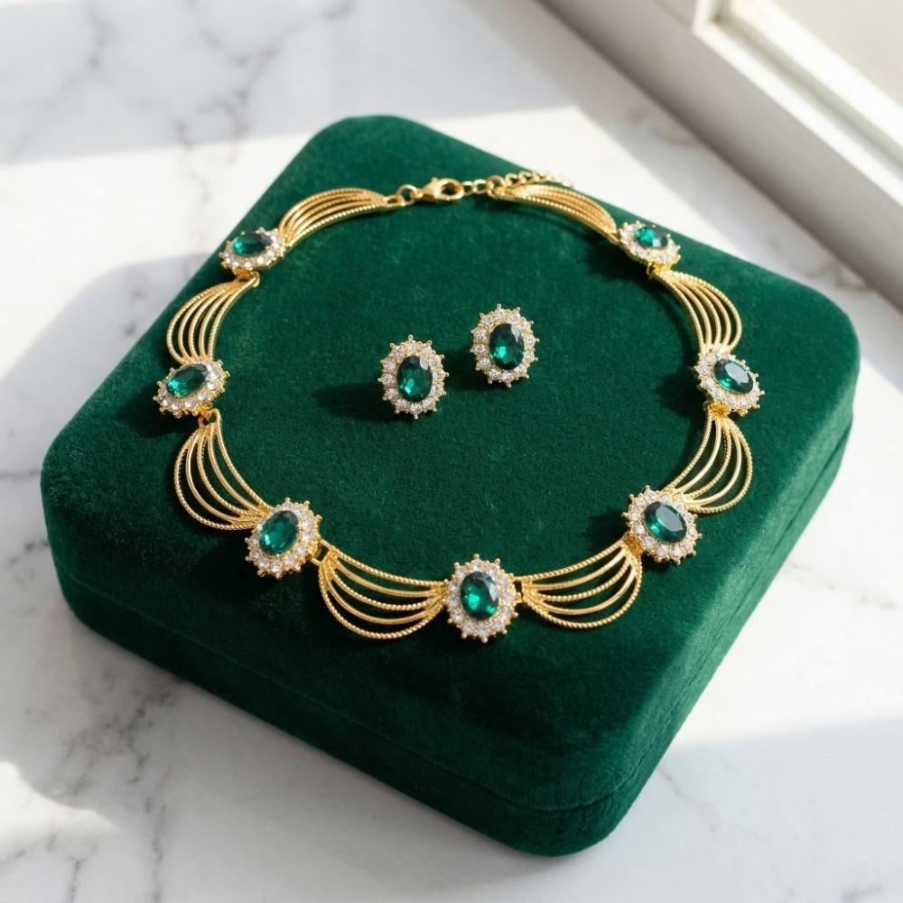 Geometric Necklace Earrings Set Gold-Tone Statement Jewelry Set Gemstone Necklace Set Formal Event