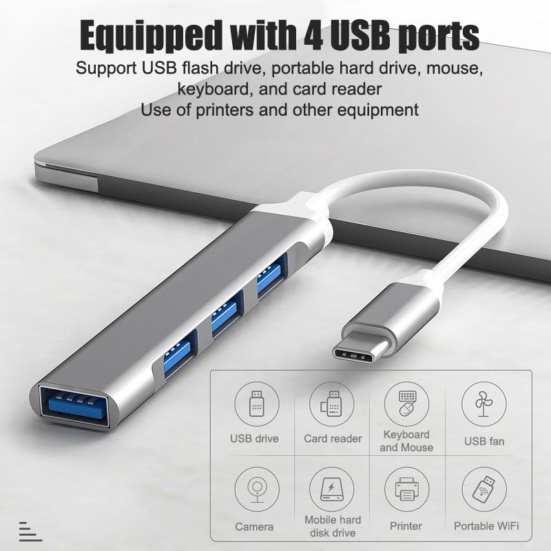 Мини-хаб USB Type-C, 4-портовый адаптер, USB 3.1, мульти-разветвитель 4-в-1, док-станция, ультратонкий, сверхскоростной, алюминиевый, для компьютера, ноутбука, ПК