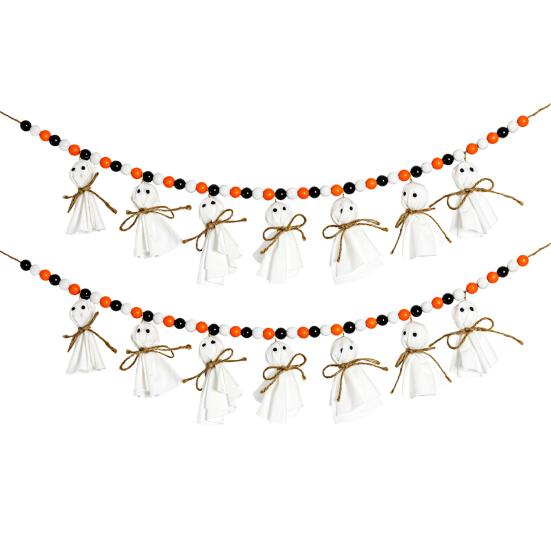 Гирлянда из привидений на Хэллоуин длиной 7,2 фута с деревянными бусинами, ручной работы, деревенский белый декор привидений, винтажный баннер в стиле фермерского дома для Хэллоуина, декор каминной полки для помещений и улицы